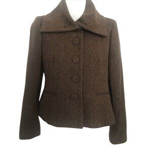 Lauren Ralph Lauren  Brown Tweed Button-Up Jacket With High Collar & Pockets